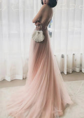 Mirabelle | A - line Spaghetti Straps Tulle Long Corset Glitter Rhinestons Rose Gold Long Prom Dress With Beaded - Gold - PromDressClub